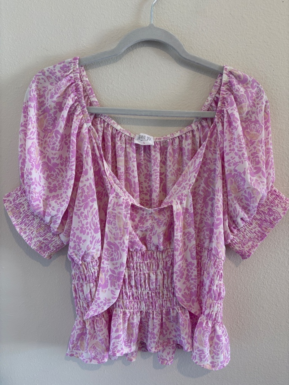Lavender purple and white blouse with puff sleeves floral design throughout